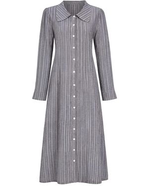 The Tunic Shop Long Sleeve Linen Shirt Dress- Stripes - Gray