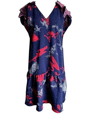Arto. Floral Flared Fit Gartherd Shoulder Dress - Blue