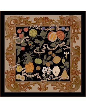 Wenzi Neutrals Fruitful Elegance Sand Hand Painted Pattern Double Sided Silk Twill Scarf - Metallic