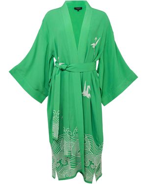 Artemis Muse Origami & Hokusai Wave Embroidered Fully Lined Island Long Kimono - Green