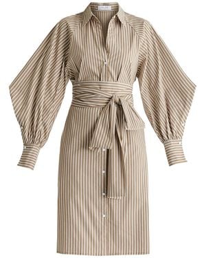 Paisie Neutrals Striped Volume Sleeve Shirt Dress With Matching Tie Belt - Natural