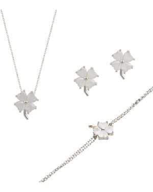Spero London Best Of Luck Four Leaves Clover Sterling Bracelet Necklace & Stud Earring Set - Metallic