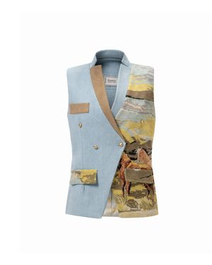 Rondooz Hand Painted Denim And Corduroy Vest With Antique Gobelin Tapestry & Hand Applied Embellishment - Blue