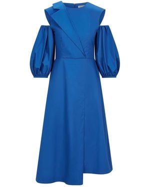 Femponiq Asymmetric Lapel A-Line Cotton Dress - Blue