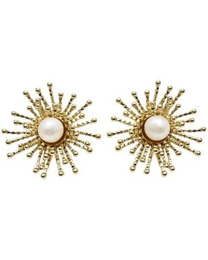 Farra Flower Setting Pearls Stud Earrings - Metallic