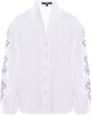 IZABELA MANDOIU Button-Up Shirt With Multicolored Embroidered Sleeves - White