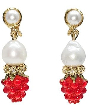 Farra Raspberry With Freshwater Pearls Clip On Earrings - Red