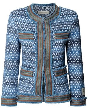 The Extreme Collection Knit Jacket With Frayed Trims Geometric - Blue