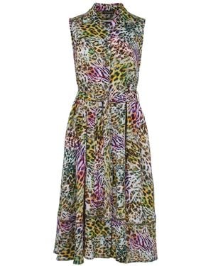 Conquista Animal Print Sleeveless Dress With Belt - Green