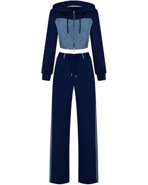 Gov Denim Denim Detail Cotton Tracksuit Set With Two-Way Zipper – - Blue