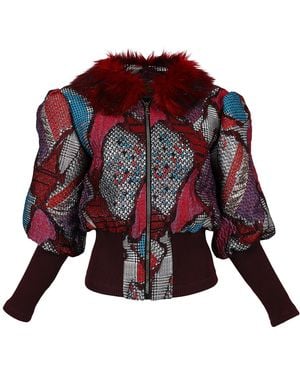 Lalipop Design Jacquard Bomber Jacket With Faux Fur Collar - Red