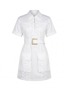 Modenaire Utility Mini Dress With Lace Up Front And Belted Waist - White
