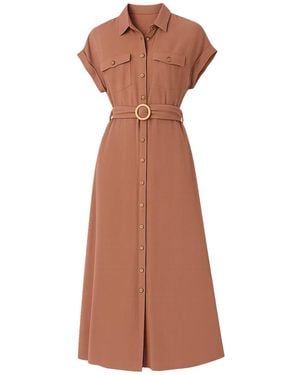 Yumi' Viscose Midi Shirt Dress With Wooden Belt - Brown