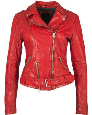Mauritius Belted Slim Fit Leather Jacket Wild Lipstick - Red