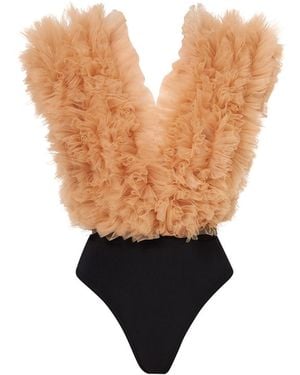 LIA ARAM Neutrals Signature Ruffled Tulle Bodysuit - Natural