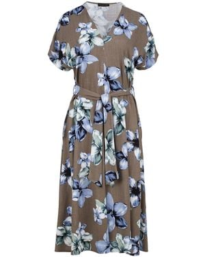 Conquista Linen Style Floral Print Midi Dress With Belt - Blue
