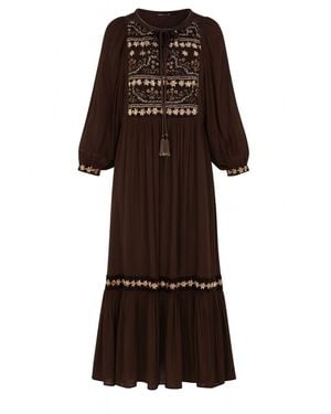 Rose & Nancy Arianna Chocolate Velvet Embroidered Panel Maxi Dress - Brown