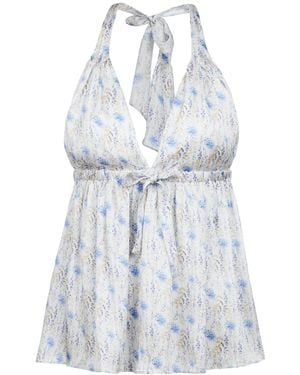 Modallica Sophie Printed Babydoll 100% Organic Peace Silk Top With Blue Flowers