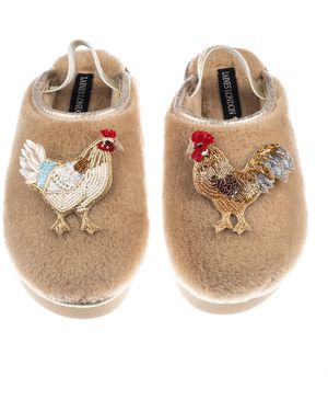 Laines London Neutrals Flatform Cloud Closed Toe Slippers With Chicken & Rooster Brooches - Brown