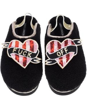 Laines London Flatform Cloud Slippers With & Stripe Fuck Off Heart Brooches - Black