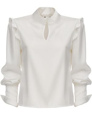 Julia Allert Neutrals Designer Satin Blouse With Bishop Sleeves And Stand Collar – - White