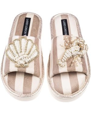 Laines London Neutrals Flatform Stripe Open Toe Slippers With Pearl Shell & Lobster Brooches - Multicolor