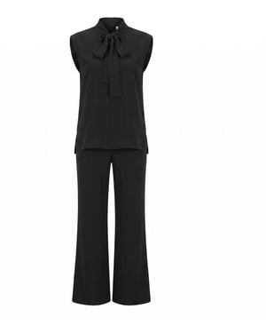 Modenaire Sleeveless Tie Neck Blouse And Wide Leg Trouser Set - Black