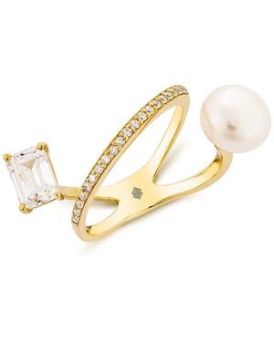 SALLY SKOUFIS New Moon Ring With Natural Pearl & Made Cz Diamond Stimulant - Metallic