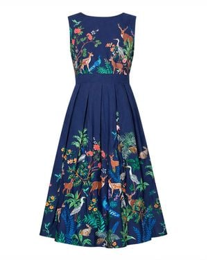 Yumi' Woodland Animal Print Cotton Midi Skater Dress - Blue