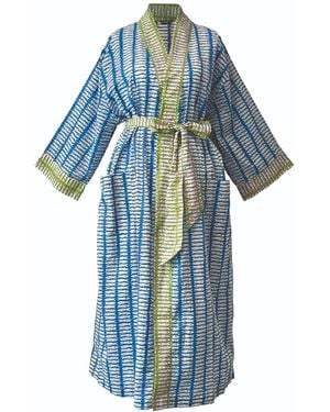 Lime Tree Design Full Length Cotton Kimono Beach Cover Up - Blue