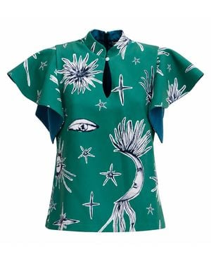 Julia Allert Stand Collar Ruffle Sleeve Blouse – Celestial Print - Green