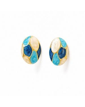 Nuvv Collection Mosaic Enamel Stud Earrings – Plated Statement Piece - Blue