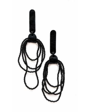WAIWAI Beaded Dangle Leather Earrings - Black