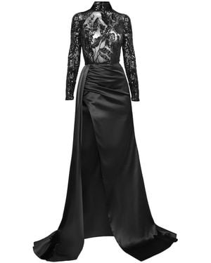 Moda Glam Monaco Sheer Sequin & Satin Gown With Sash - Black
