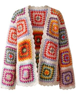 Ana Chic Cream Trim Granny Square Handmade Crochet Oversized Cardigan - Red