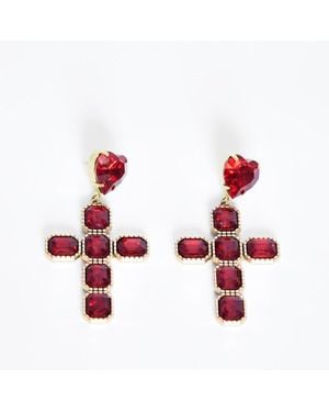 Addicted Diana Plated Crystal Cross Earrings - Red