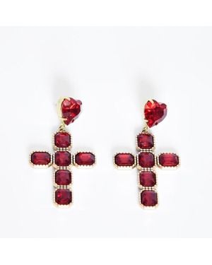 Addicted Diana Plated Crystal Cross Earrings - Red