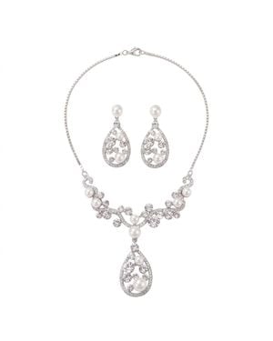 Modenaire Elegant Pearl And Crystal Teardrop Necklace Set - Metallic