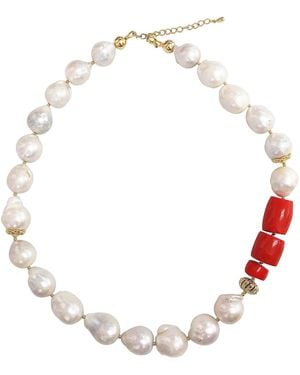 Farra Nugget Baroque Freshwater Pearls With Coral Choker - Metallic