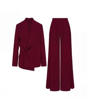 BLUZAT Burgundy Set With Wrap Blazer And Flared Pants - Purple