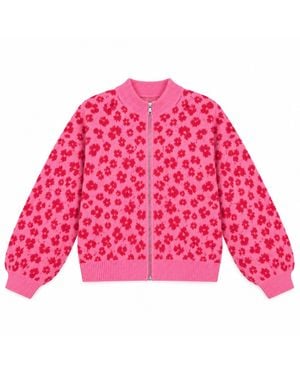 LAtelier London Floral Knit Cardigan With Ribbed Trims - Pink