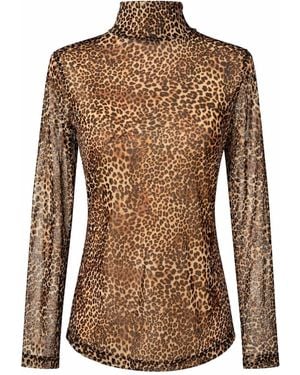 Oh!Zuza Sheer Leopard Print Mesh Turtleneck Top - Brown