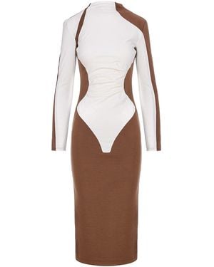 BLUZAT Bicolor Bodycon Midi Dress With High Neck - Brown