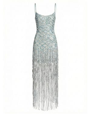 Mac Duggal Sleeveless Sequin Fringe Midi Dress - Grey