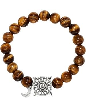Aurozia Three Charms Solar Meridian Plated Sundial And The Sun Coin Tiger's Eye Beaded Bracelet For L - Brown