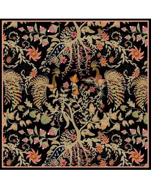 Silk and Bears Phoenix Garden Wool Silk Scarf – Hand-Rolled Edge, Botanical Heritage Wrap - Black