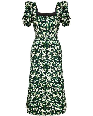POST MERIDIEM Flowers Godet Silhouette Square Neck Midi Dress - Green