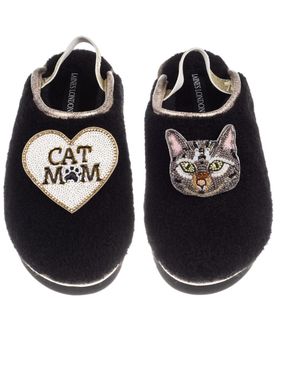 Laines London Flatform Cloud Slippers With Pebbles Cat & Cat Mum Mom Brooches - Black