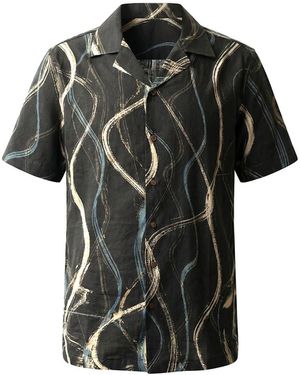 Stovaria Camp Collar Half Sleeve Organic Cotton Shirt With Abstract Brush Print - Black