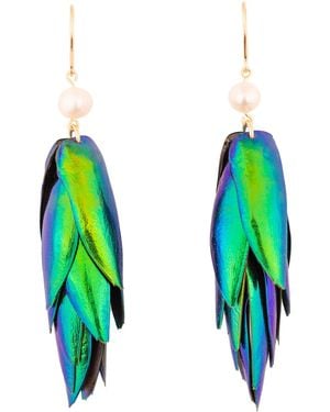 Oana Savu Beetle Wings Earrings Freshwater Pearls Ear Wires - Green